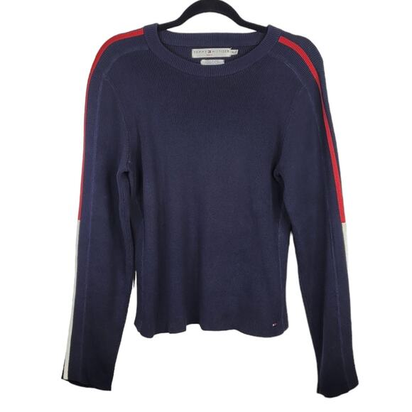 Vintage Y2K Tommy Hilfiger Blue Knit Sweater Stripe Sleeve Women’s XL - Picture 1 of 11